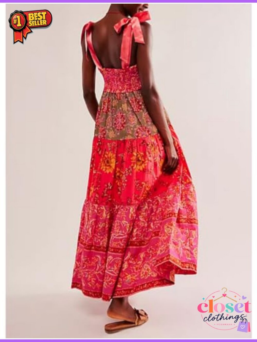 Women Floral Boho Maxi Dress Smocked V-Neck Tie Shoulder Pockets - Picture 3 of 3